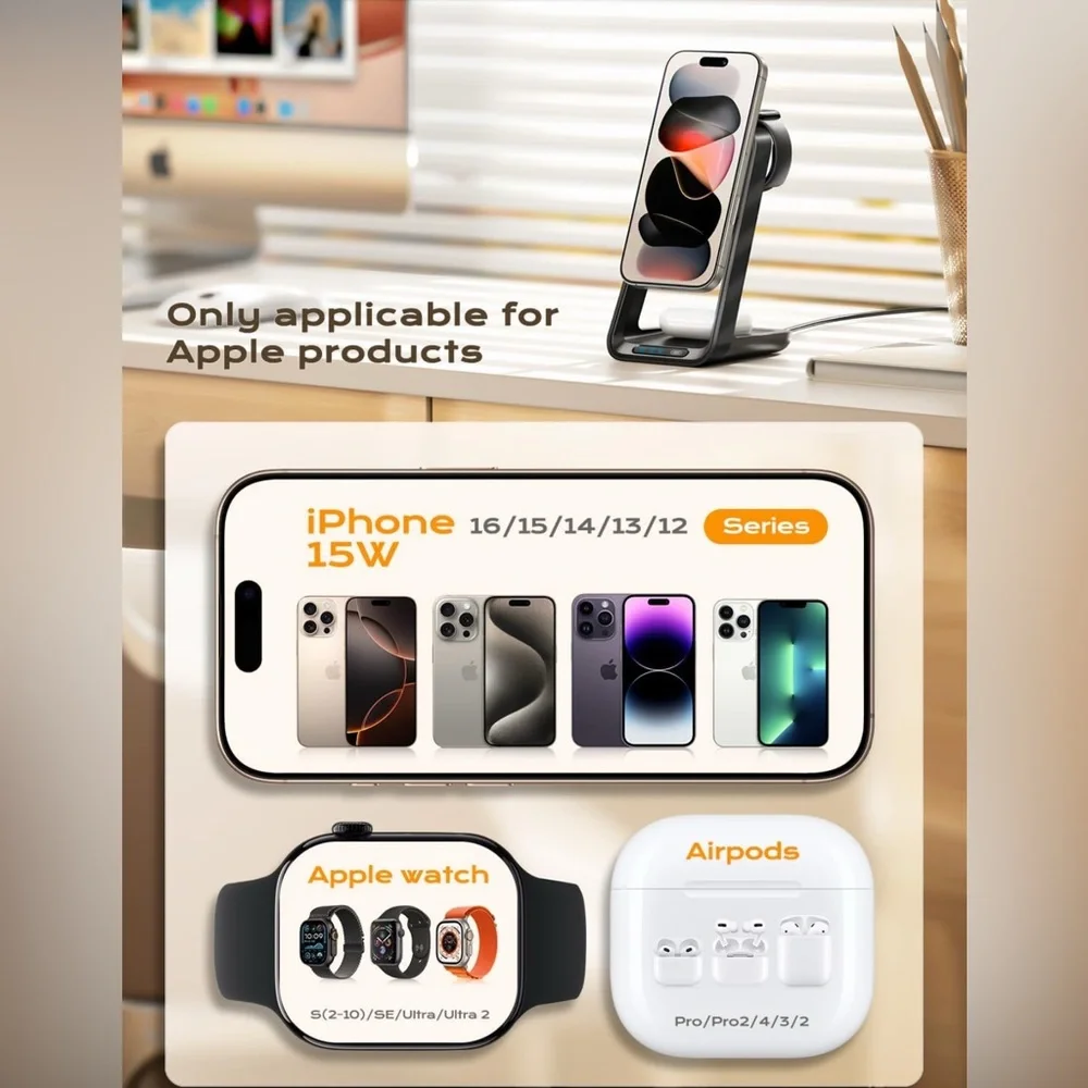 3In1 Wireless Charger Fast Charging Station Dock For Apple Watch Air Pods iPhone